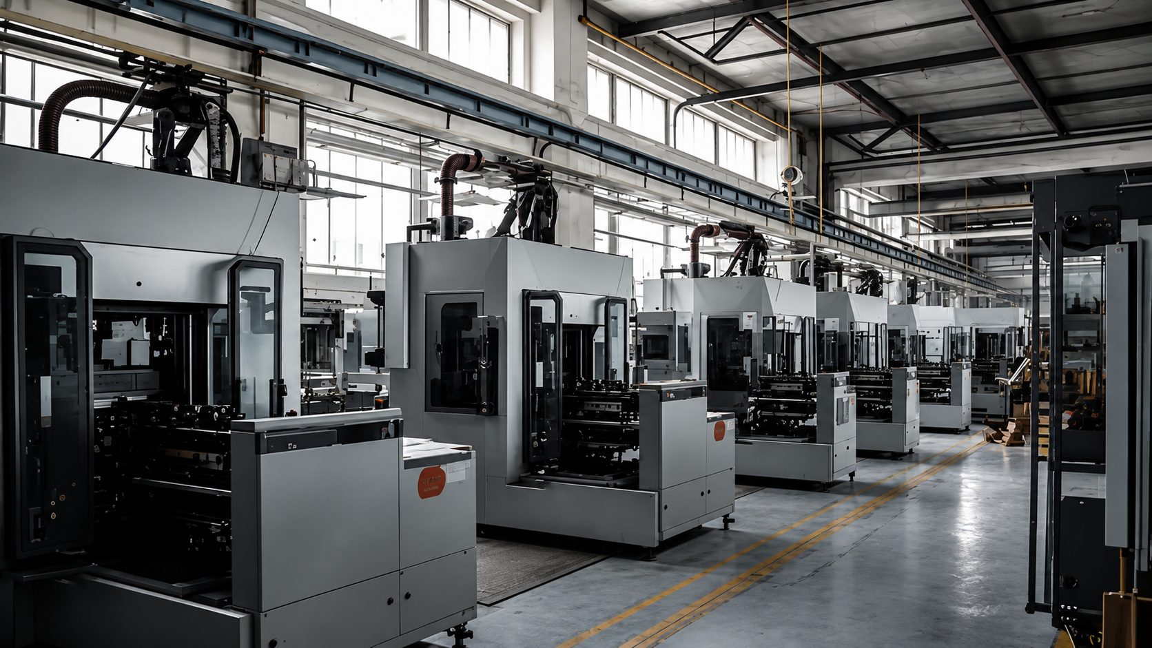 Row of injection moulding machines on a factory production floor