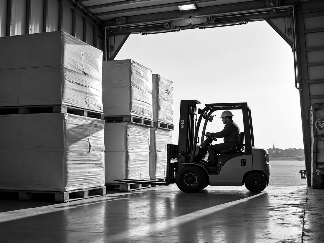 A forklift carrying shrink-wrapped pallets of stock out through the open loading door of a warehouse