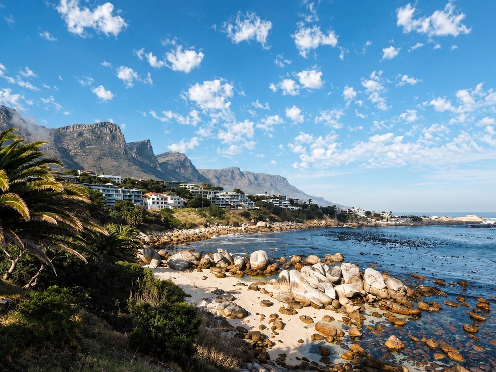 A rocky Cape Town beach with a palm tree in the foreground, coastal homes and Table Mountain's peaks behind