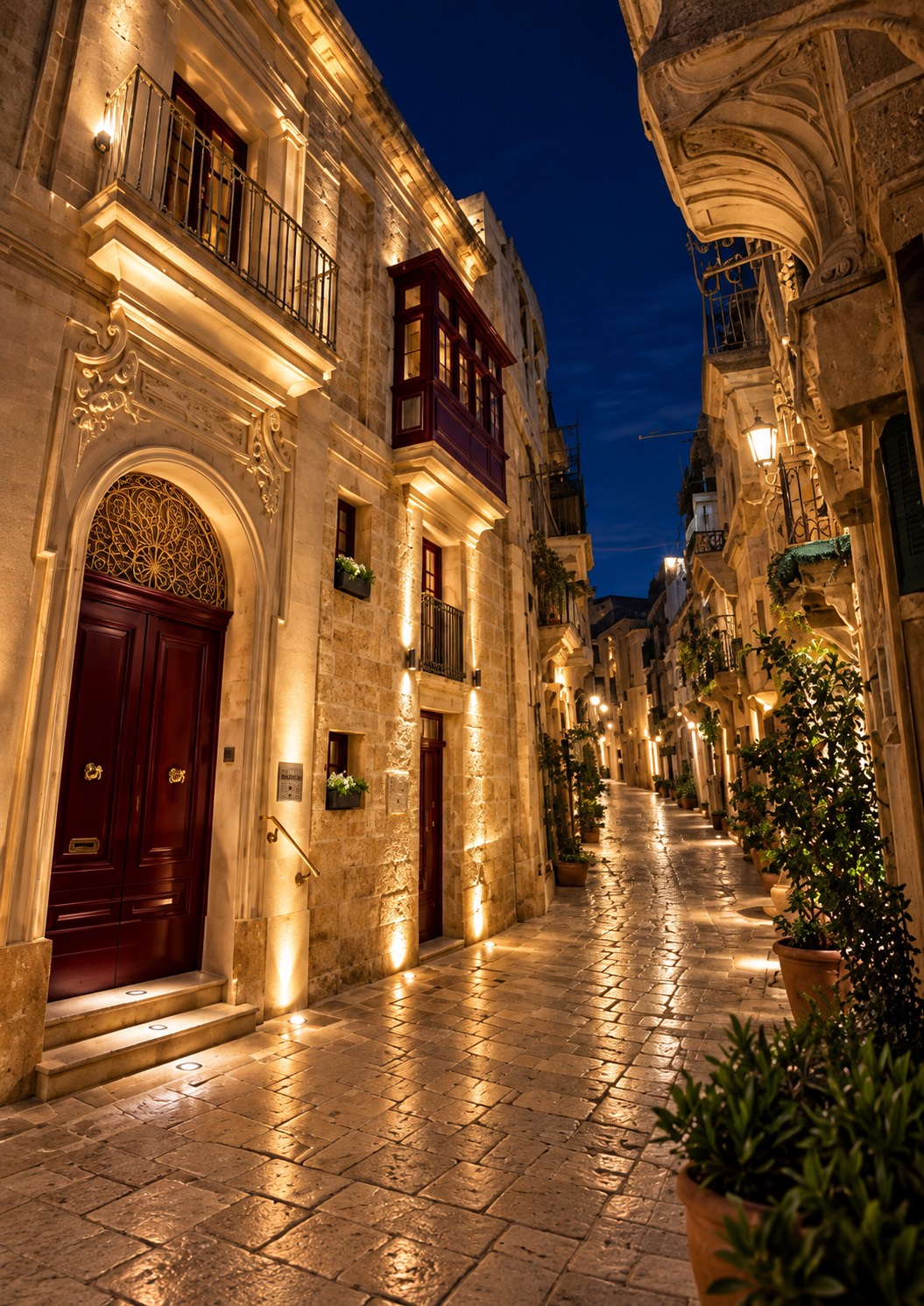 A softly lit stone street in Malta at dusk, doorways and balconies glowing warm against the night sky