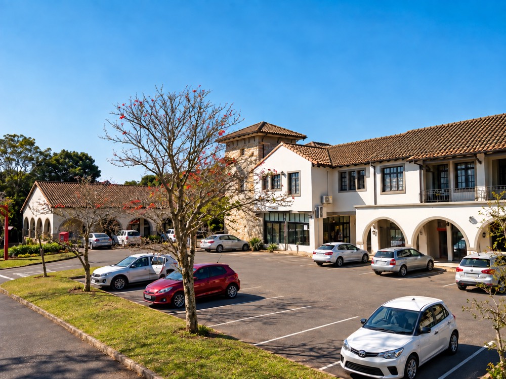 Gillitts shopping centre, white walls and terracotta tiled roofs around a planted car park
