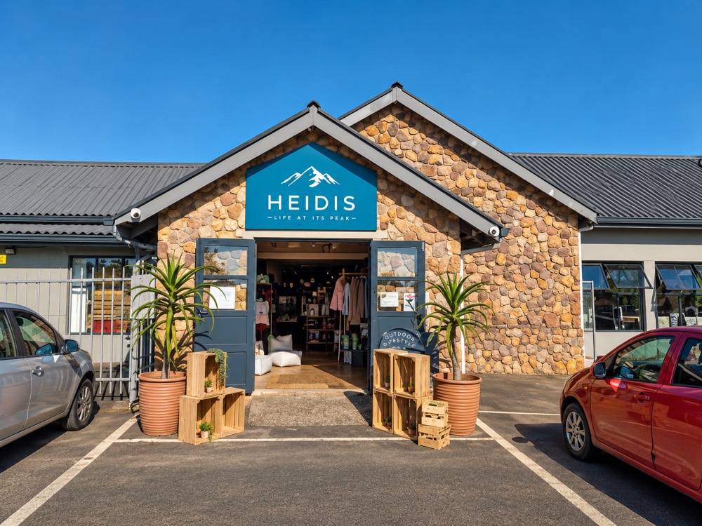 The Heidis store entrance, stone gable and open double doors with potted aloes either side