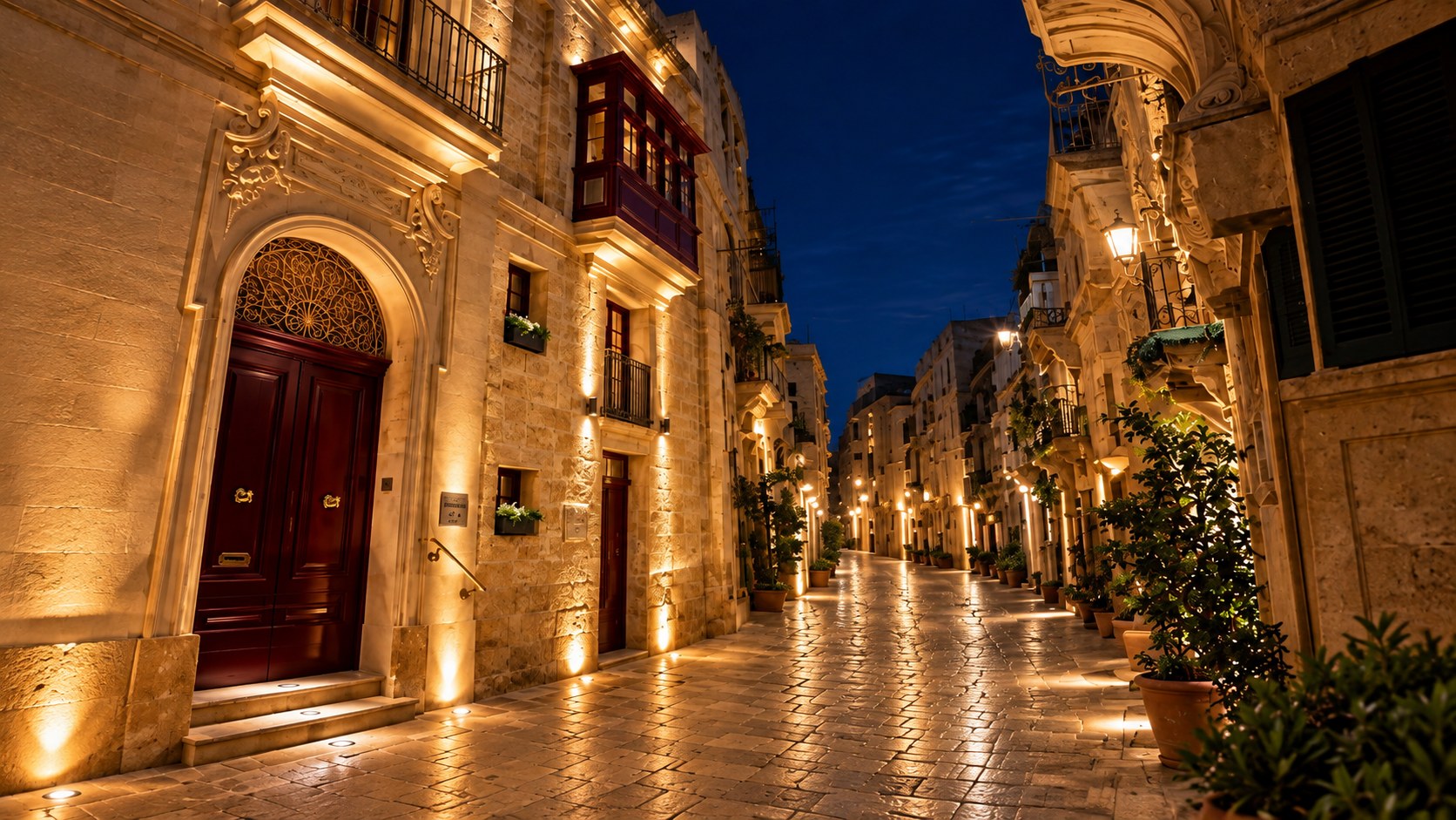 A lantern-lit stone street in Malta at night, balconies and doorways glowing above the cobbles