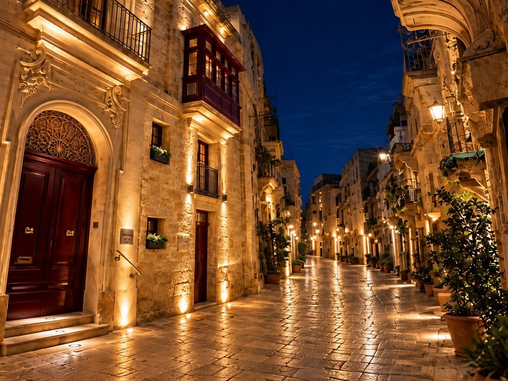 A lantern-lit stone street in Malta at night, balconies and doorways glowing above the cobbles