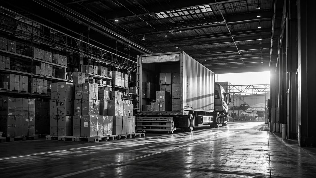 A trailer being loaded from a warehouse bay stacked with palletised cartons
